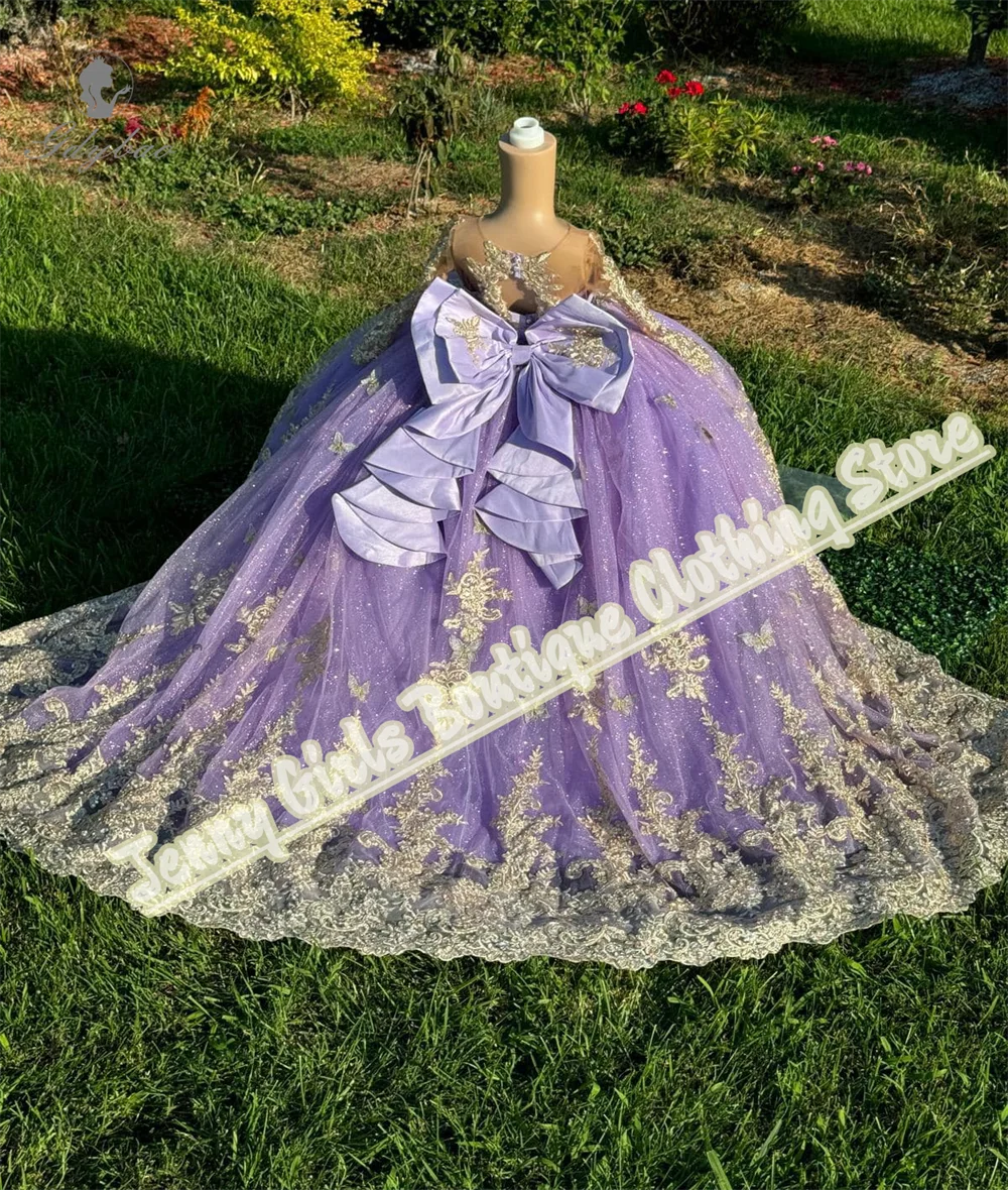 Abito da principessa per ragazza color lavanda, applicazioni in pizzo biondo, soffice fiocco grande, lungo trail, abito da damigella d'onore per matrimonio, prima comunione