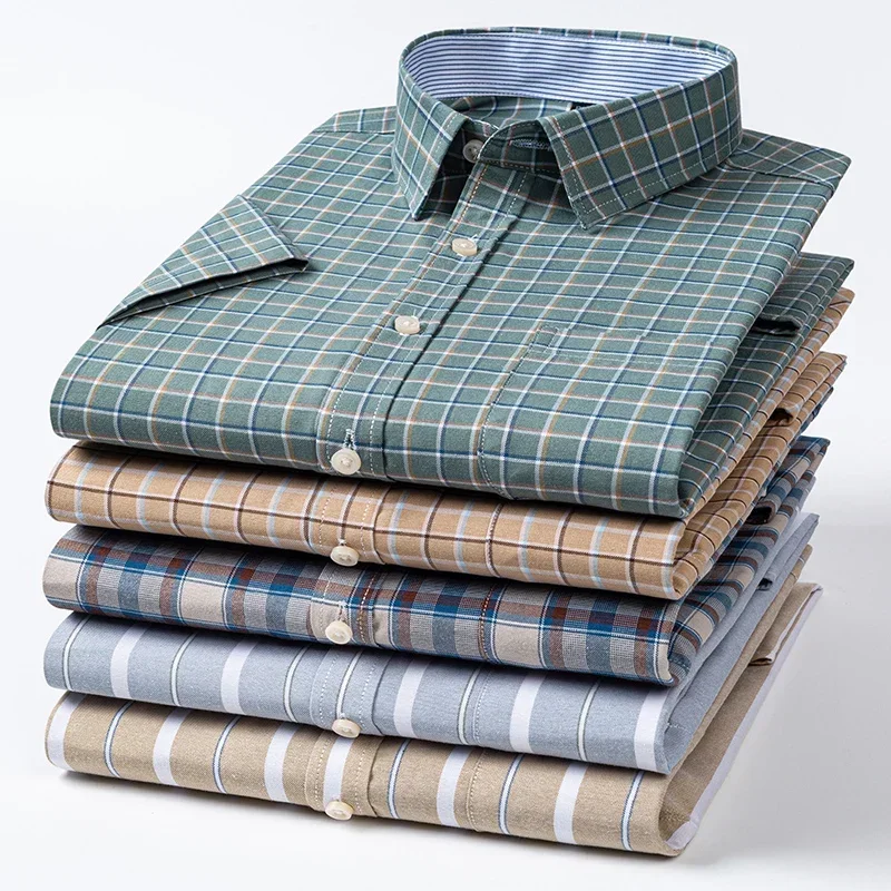 Men's High-quality Oxford Cotton Short Sleeved Shirt for Summer Comfort Breathable Classic Solid Color Plaid Business Leisure