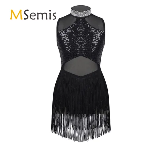 Imagen 1 del producto Vestido de baile de Ballet de Jazz con diamantes de imitación brillantes para niñas, cuello decorado, lentejuelas, malla, dobladillo de borla, leotardos de baile, vestido de actuación de baile