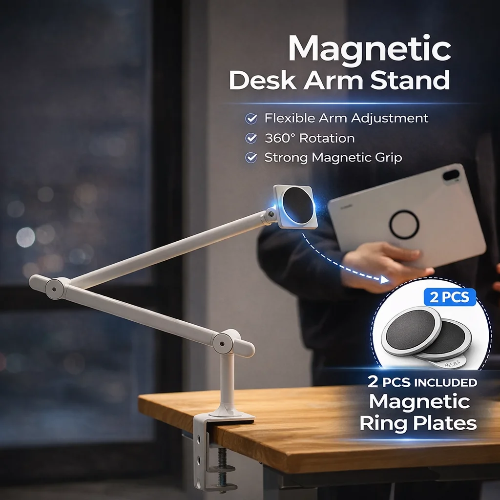 

Magnetic Phone Holder Desk Clamp, Adjustable 360° Rotating Arm Stand for IPhone IPad, Aluminum Tablet Mount for Bed Desktop