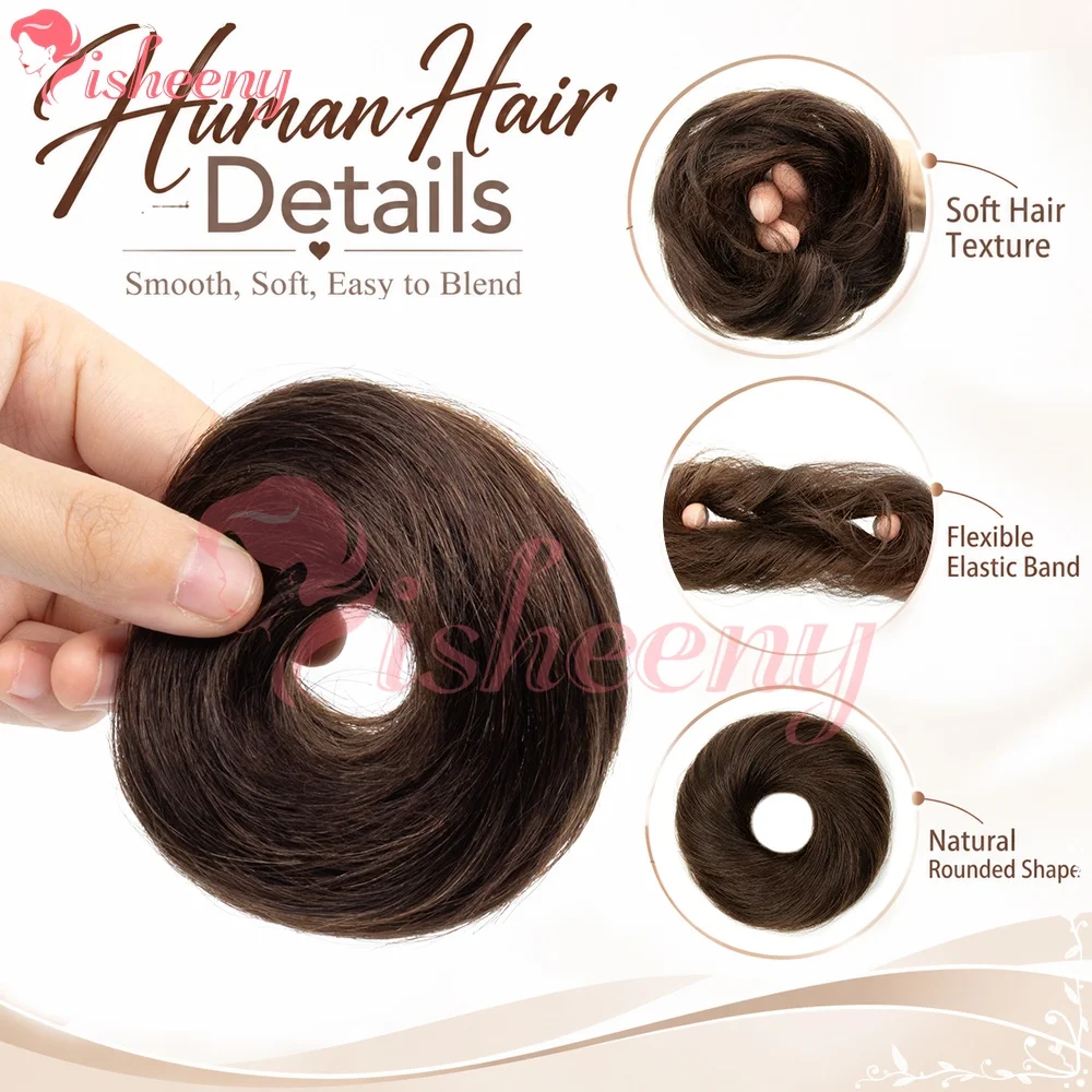 Isheeny 4-Inch Real Human Hair Bun Elastic Band Messy Hair Scrunchie Natural Updo Piece for Volume Easy Wear Daily Party Women's Hairstyle