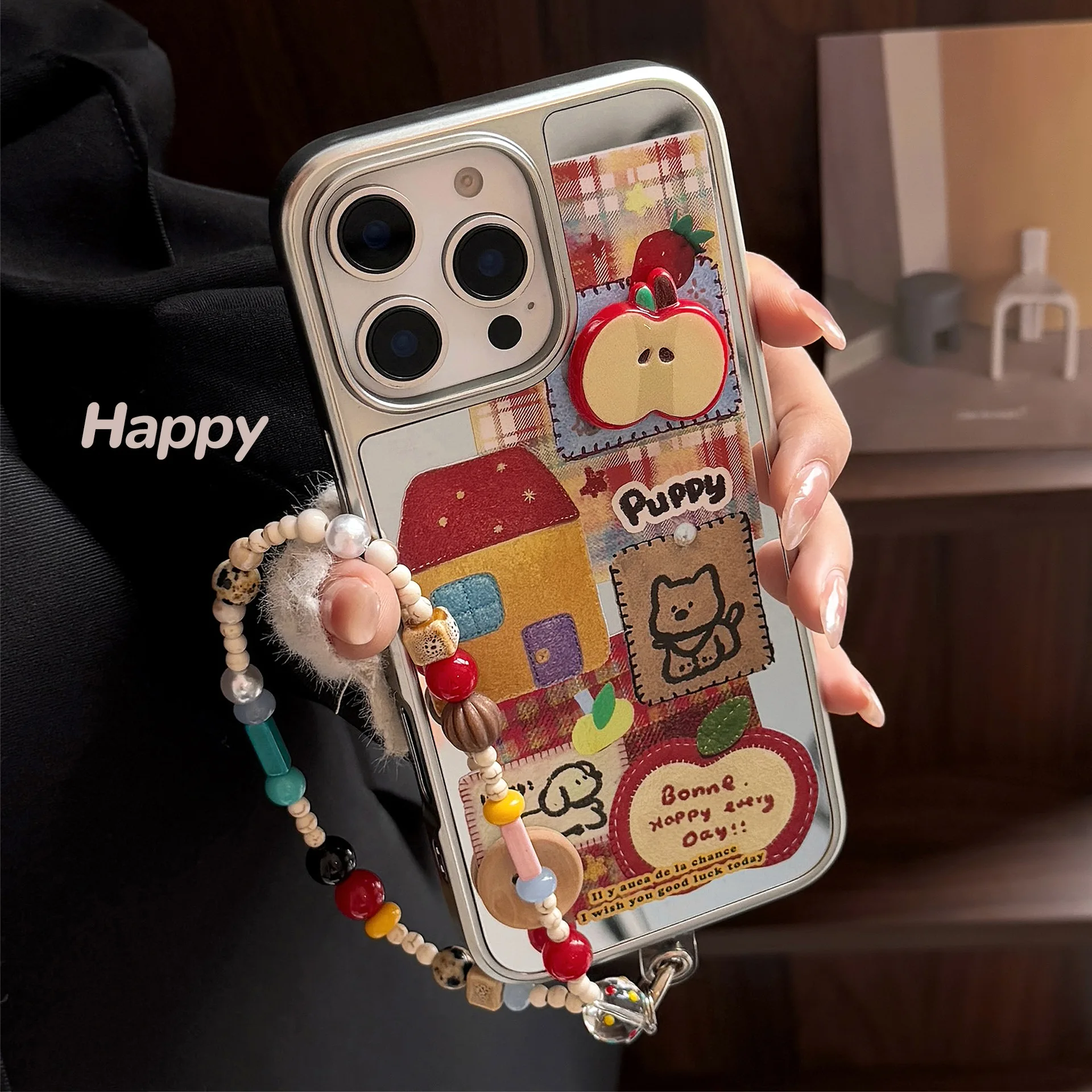 Korean 3D Apple Button Cartoon Puppy Mirror Phone Case For iPhone 17 Air 16 15 14 13 12 Pro Max With Chain Shockproof Hard Cover view 2