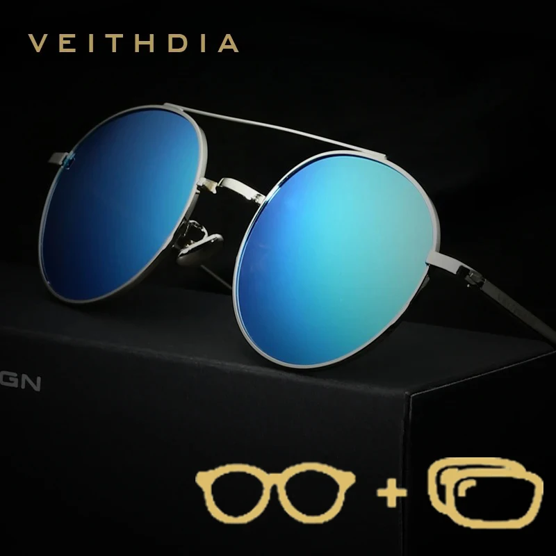 VEITHDIA العلامة التجارية الجديدة وصفة طبية مخصصة النظارات الشمسية عدسات عاكسة مستقطبة مستديرة خمر النظارات الشمسية قصر النظر للجنسين النظارات PJ3617