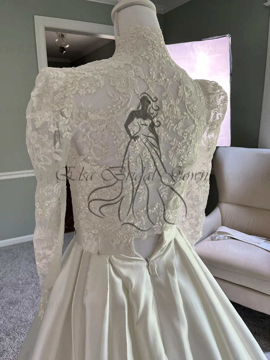 Robes de mariée musulmanes en satin pour femmes avec ceinture, robe de mariée de luxe en dentelle, robes A-Line pour femmes, 2023