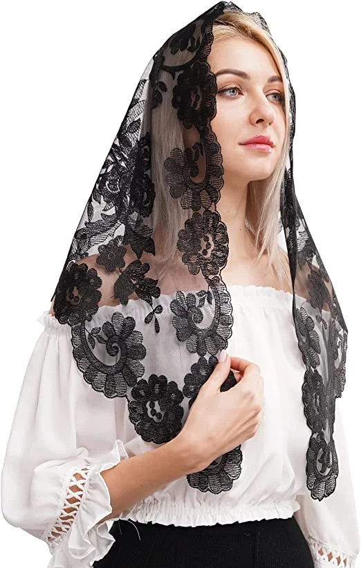 Velo de encaje bordado Triangular para mujer, cubierta de cabeza de muselina, Mantilla de encaje