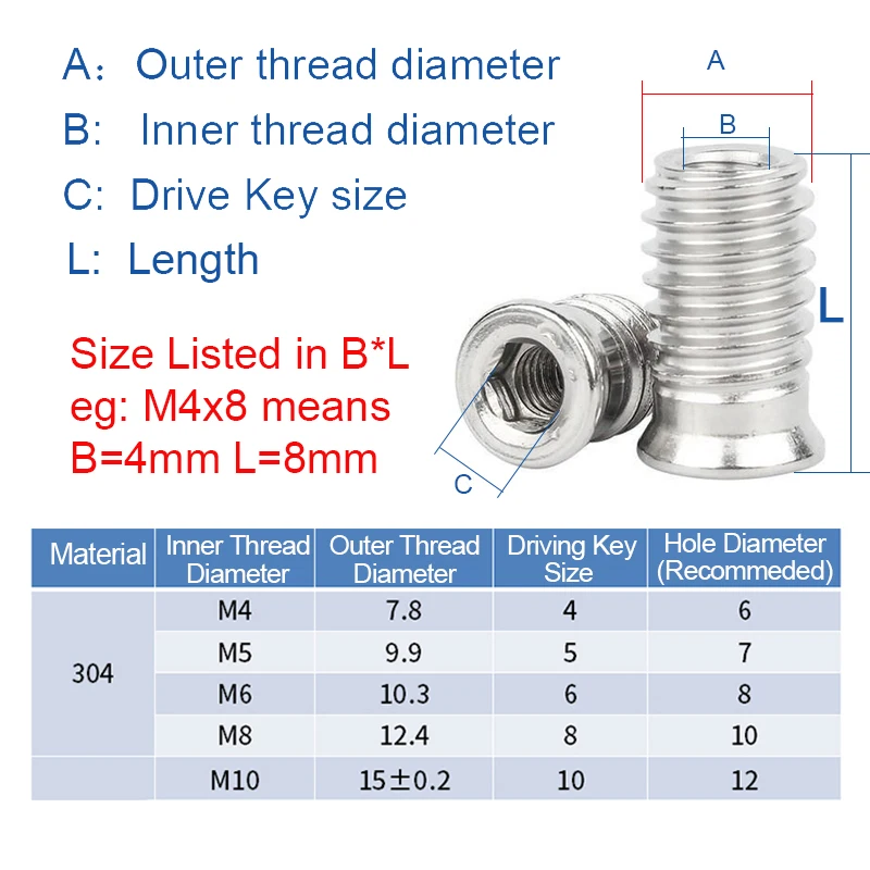 1/5 Stück 304 Stiainless Steel M3 M4 M5 M6 M8 M10 Innensechskant-Antriebseinsatzmuttern mit Gewinde für Holzmöbel – Detail 1