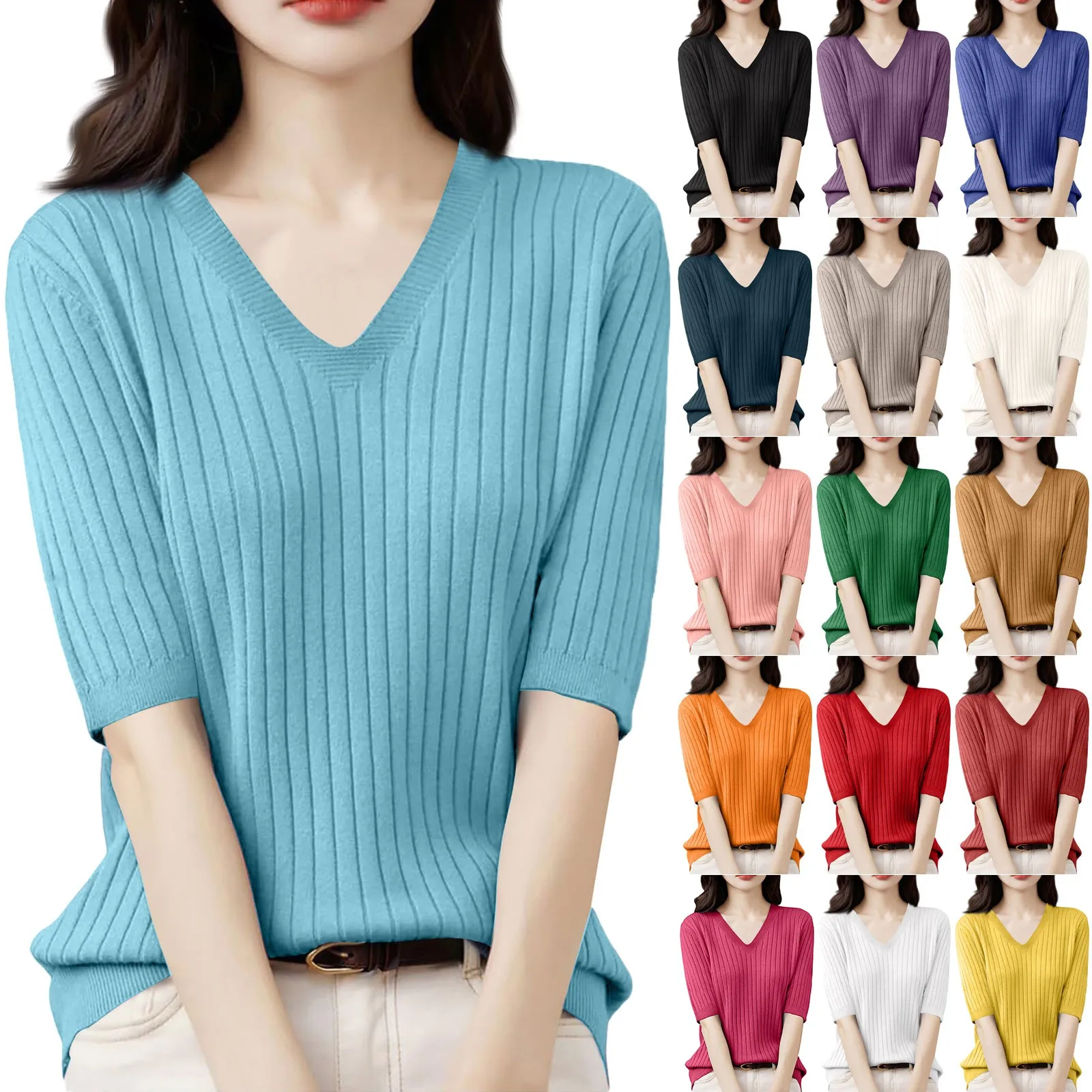 Luźny, oddychający sweter z dzianiny, bluzka z dekoltem w serek, pulower z krótkim rękawem, jednolity kolor, wygodny top na co dzień dla kobiet.