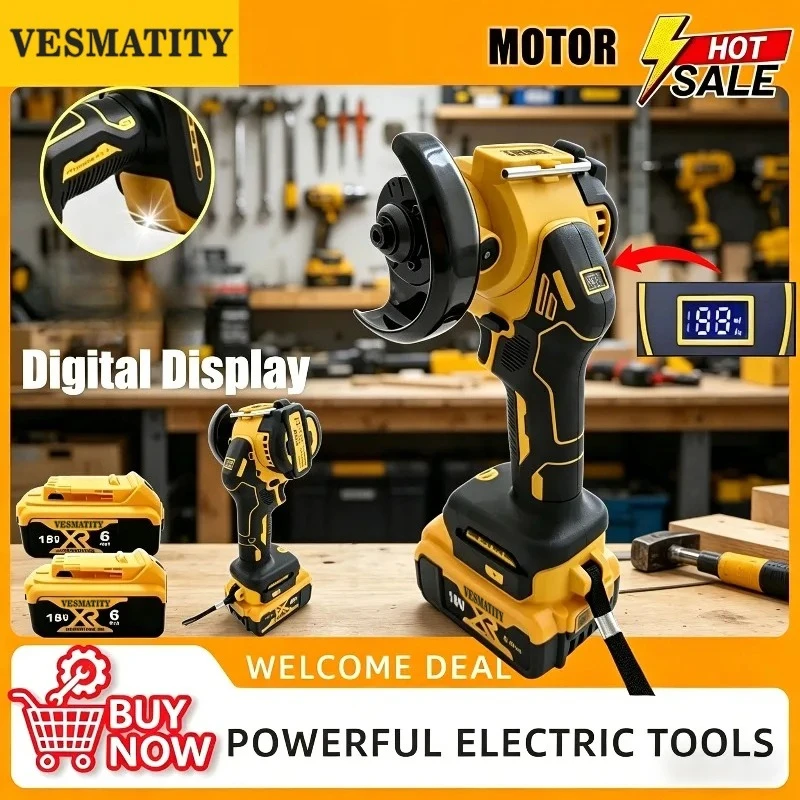 VESMATITY Angle Grinder Digital Display Polishing Grinding Machine Cordless Electric Cutting Tools For Dewalt Battery Pro Unit