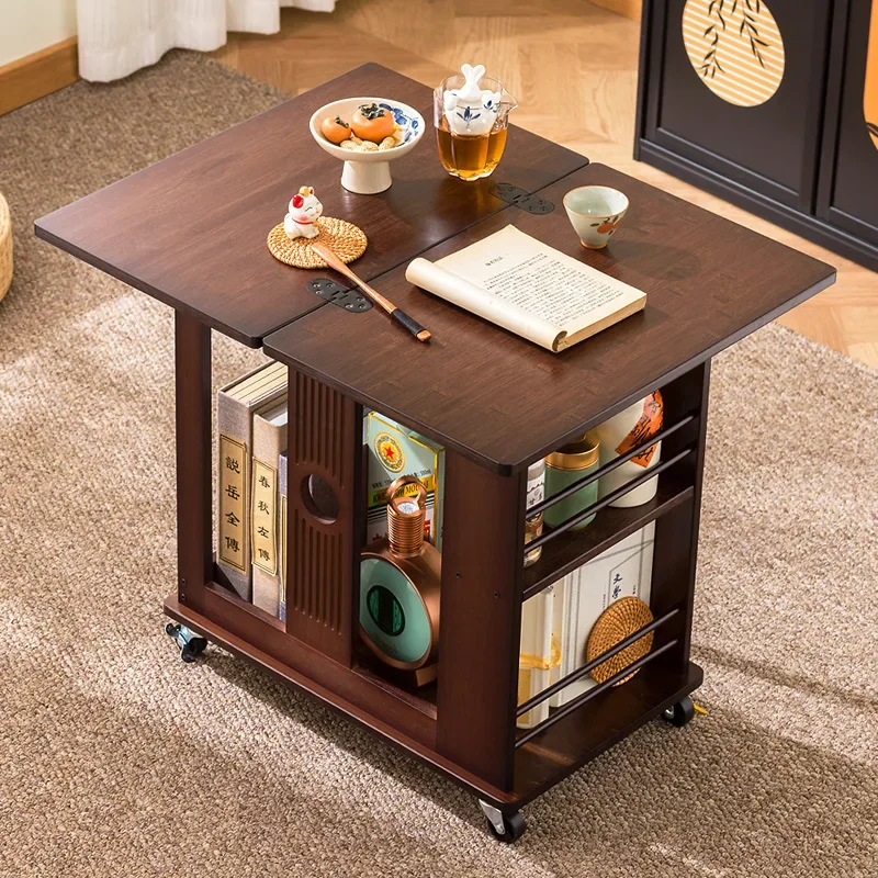 Movable coffee table small apartment folding living room household antique solid wood edge sofa side cabinet