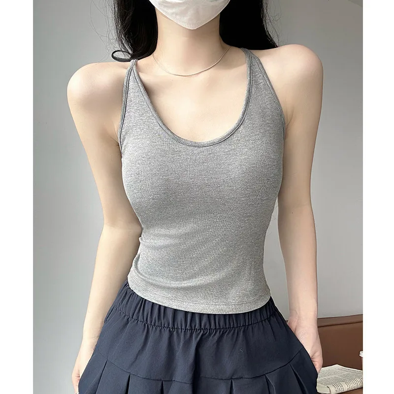 Women U Neck Chain Detail Tank Top with Chest Pad Viscose Slim Fit Solid Sweet Fresh Summer Spring Fall Camisole Vest