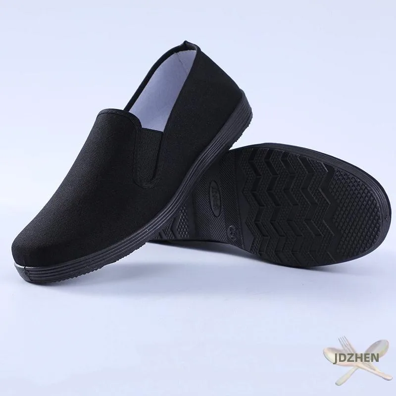 Old Beijing Cloth Shoes Men's Breathable Work Shoes Full Black Slip-On Canvas Shoes Comfortable round Toe Rubber Outsole