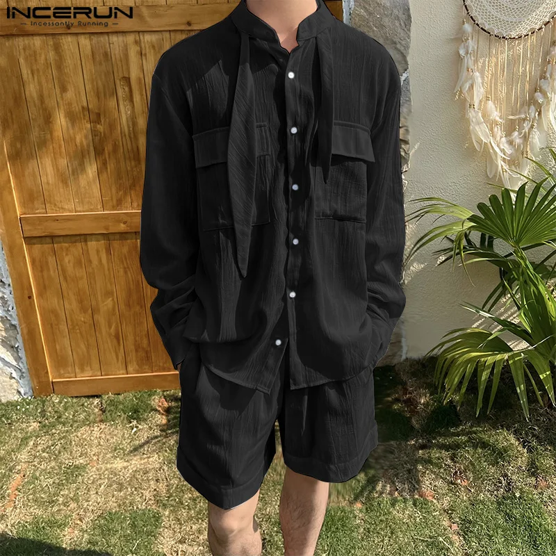 INCERUN เสื้อกันหนาวผู้ชายชุดสีทึบ OVERSIZE เสื้อแขนยาวและกางเกงขาสั้น 2PCS Streetwear ฤดูร้อน 2025 วันหยุดผู้ชายชุดลําลอง S-5XL