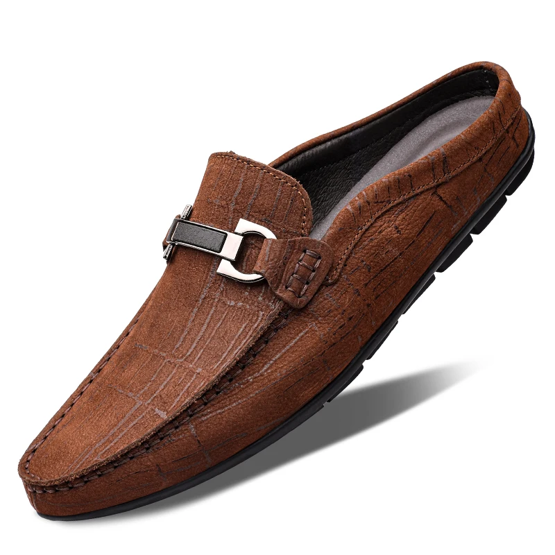 Men Summer Fashion Casual Mules Male Breathable First Layer Cowhide Loafer Slippers Open Back Flat Genuine Leather Half Sandals