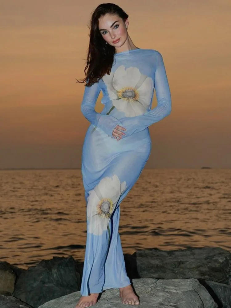 فستان ماكسي مثير بطباعة شبكية من Blifanbo للنساء بأكمام طويلة وظهر مكشوف فستان صيفي مثير للعطلات #5