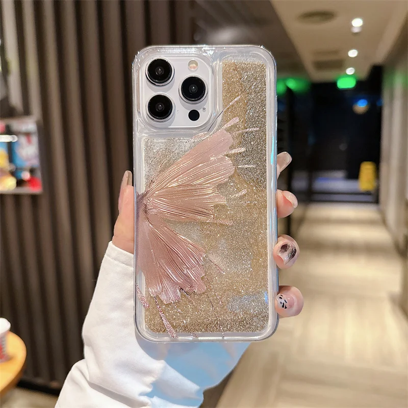 Butterfly Wing Couple Quicksand Case for iPhone 15 16 Pro Max Moving Sand Cover Para Funda Bling Silver Gold in Phone Shell Capa