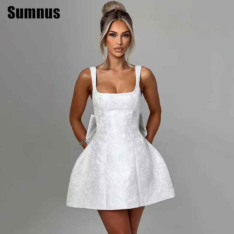 

Sumnus Cute Bow A-Line Wedding Dresses Satin Mini Short Sleeveless Bridal Gowns Sexy Spaghetti Strap Bride Dress Customized