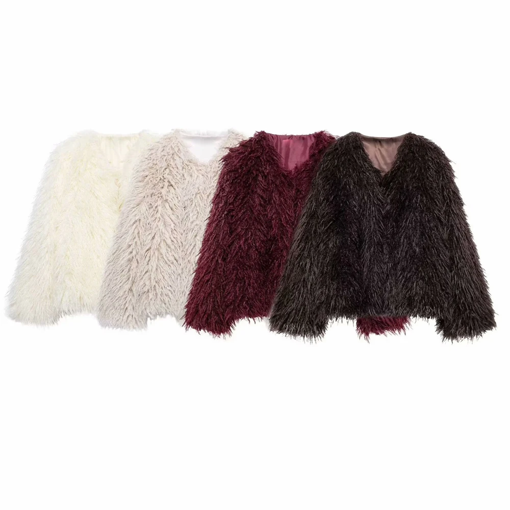 

BMURHMZA women's solid color faux fur effect warm short jacket winter new round neck long sleeved solid color fur jacket