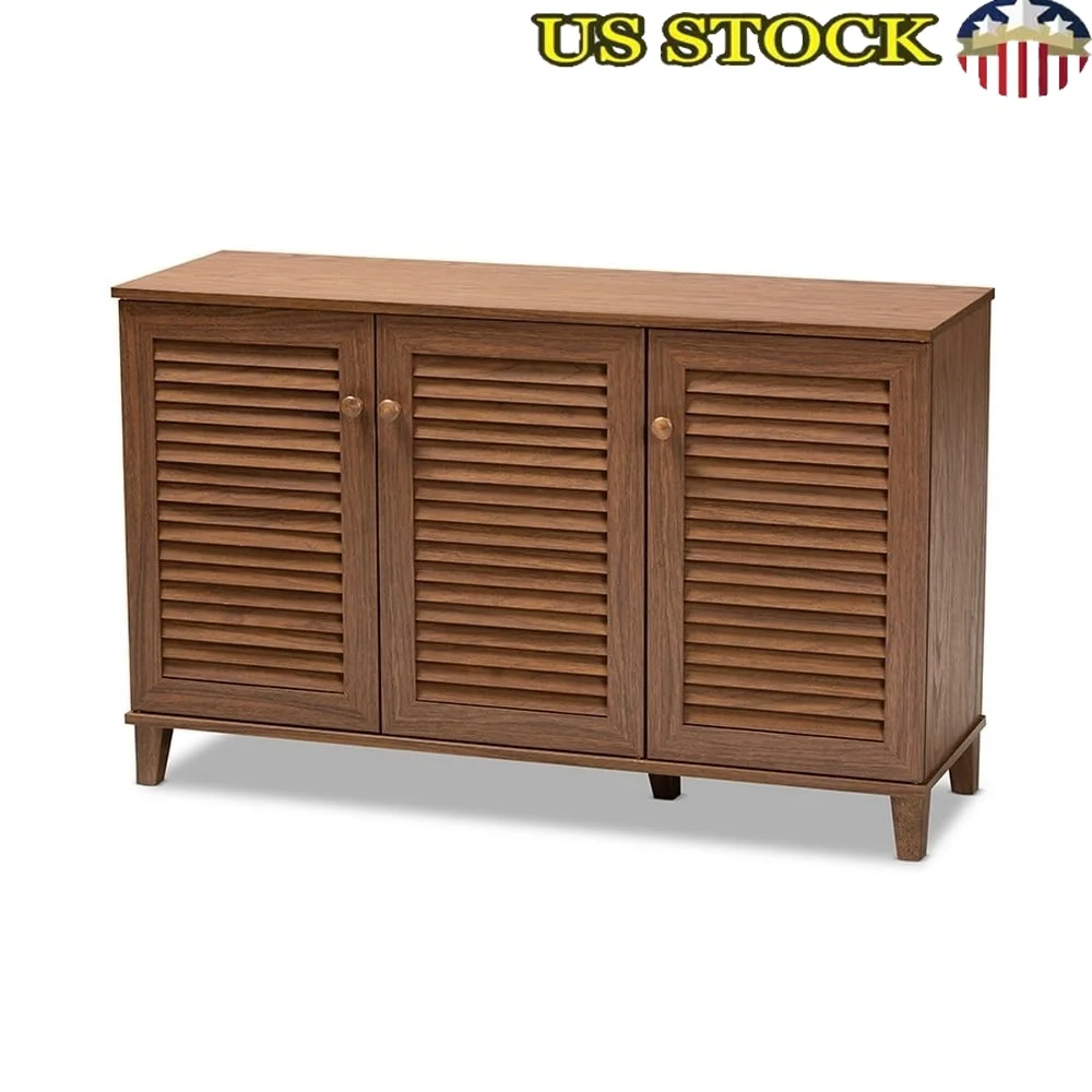 

Modern Walnut Finished 8-Shelf Wood Shoe Storage Cabinet with Slatted Doors Tapered Legs Indoor Assembly Required
