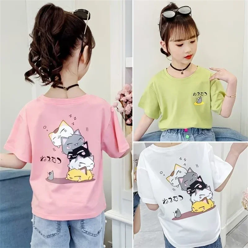 Summer Fashion Children's Clothing Cute Cat Print T shirt Boys and Girls Clothing Short Sleeve Top 100%Cotton Children's Tees