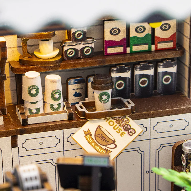 مجموعة دمى مقهى مصغرة جديدة تمامًا - أثاث صغير مصنوع من خشب الخشب، ديكور مشهد مقهى واقعي ومكعبات بناء