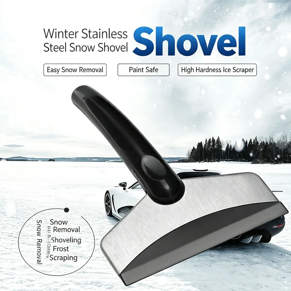 Car Snow Scraper Brush, Windshield Ice Frost Remover Tool, Snow Shovel with Blue Rust Proof Film for Vehicle
