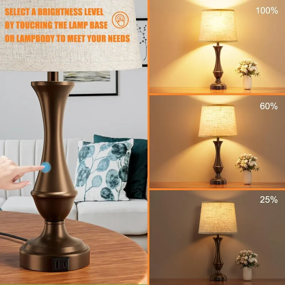 Upgraded Touch Lamps for Night Stands Set of 2 - Bedside Lamps with USB C+A, 3 Way Dimmable for Bedroom Living Room End Tables Office (Beige & Brown) view 2