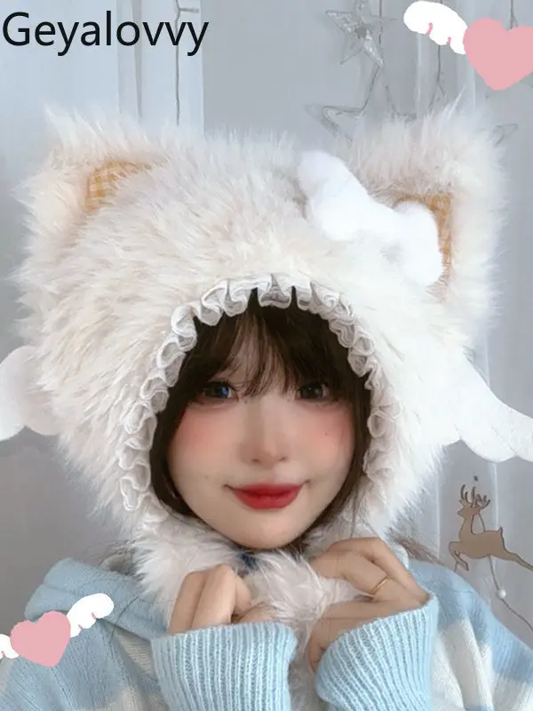 

Мягкие плюшевые шапки в японском стиле в стиле Лолиты, милые плюшевые шапки с кружевными краями и кошачьими ушками, универсальные зимние теплые шапки, шапки