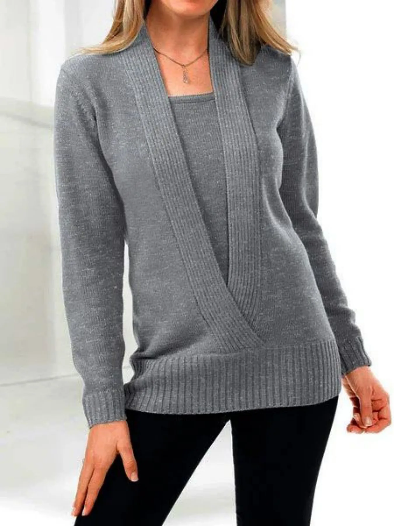 

Women's 2-in-1 Gray Rib Knit Wrap Front Casual Long Sleeve Pullover Sweater Versatile Comfortable Knitwear