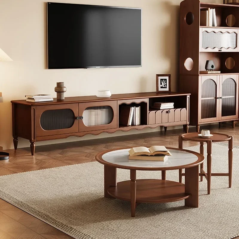 Mesa de centro francesa de losa de roca redonda de madera maciza, estilo medio y antiguo, hogar pequeño y sencillo