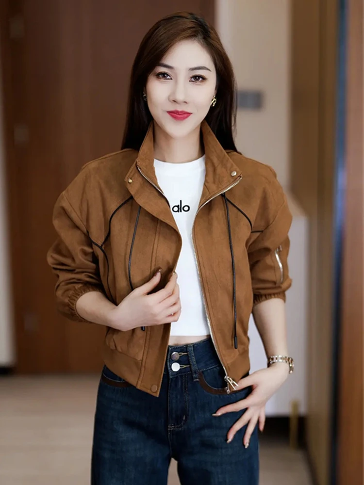 Faionable Retro Suède ort Jaet Dames Casual Veelzijdig Katoen Gevoerd Lente 2025, Vroeg Seizoen Sli Top