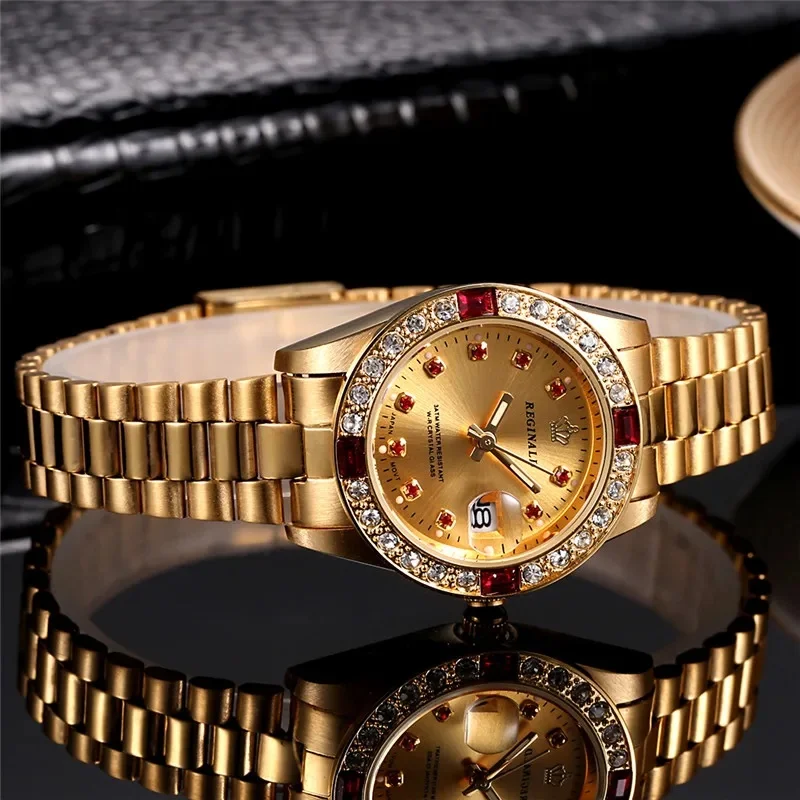 REGINALD Golden Lady Watch Date Crystal Styles Women\'s Dress Clock Water Proof Dress Wristwatch