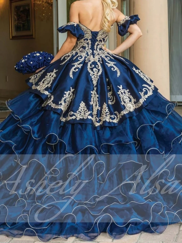 Navy Blue Mexican Women Prom Dancing Queen Dresses Lace Applique Tiered Skirt Sweet 14 15 Girl Birthday Party Quinceanera Dress