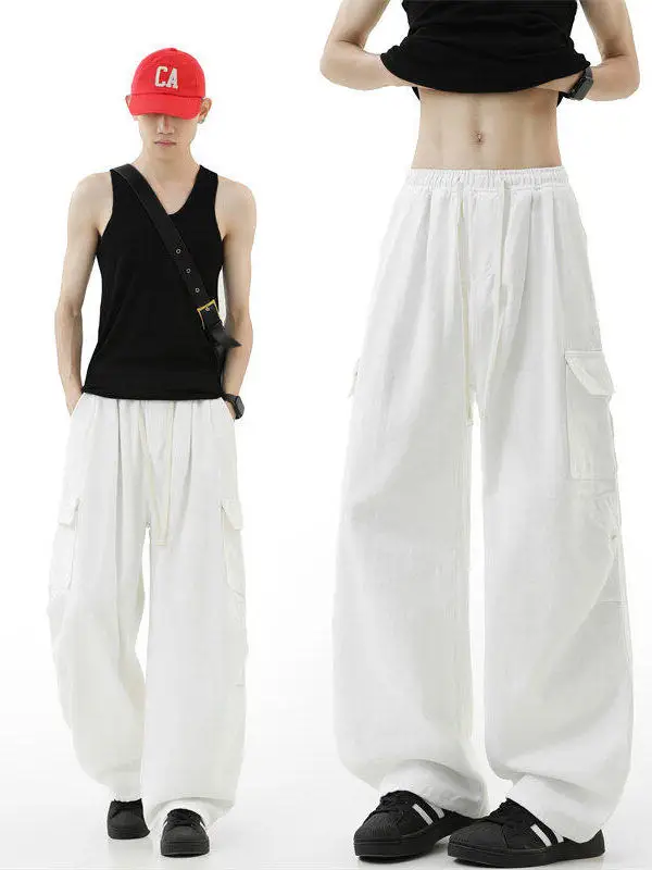 

TANGZ STUDIO American Style Casual Loose Wide Leg Workwear Jeans Men's Women's Multi-Pocket Drawstring Loose Wide Leg Pants