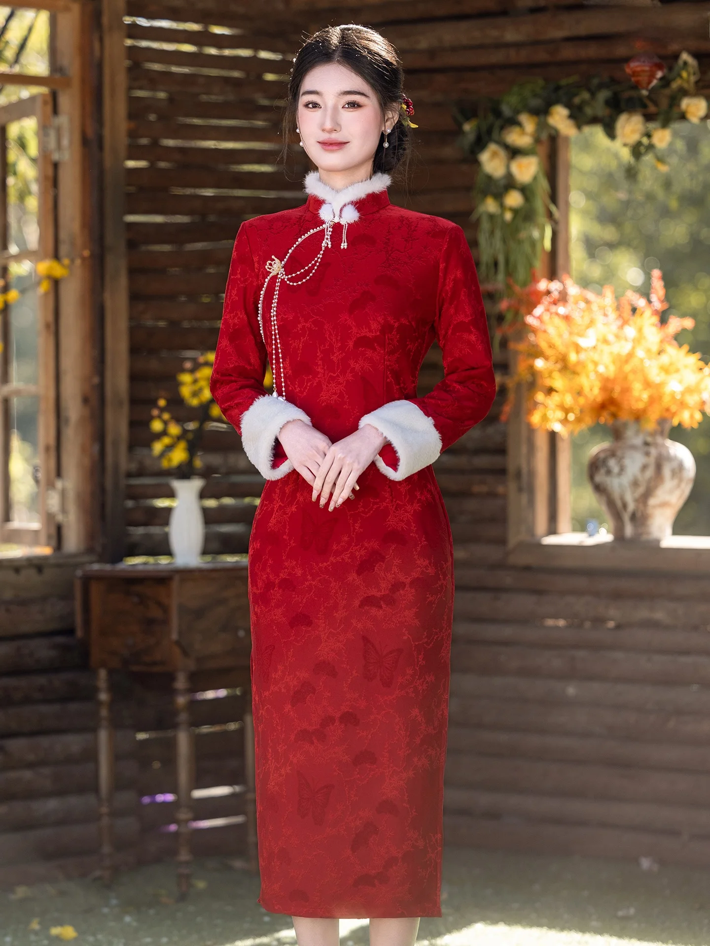 

Красное винтажное платье с длинными рукавами и флисовой подкладкой, с высоким разрезом, для повседневной носки, элегантный дизайн, для молодых женщин 8-25 лет