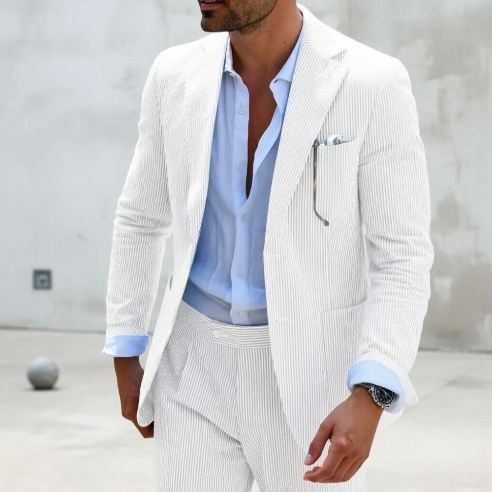 

Комплект из 2 предметов: мужской костюм из сирсакера для свадьбы, стильный желтый в полоску, летний смокинг для жениха, повседневный однобортный пиджак для вечеринки