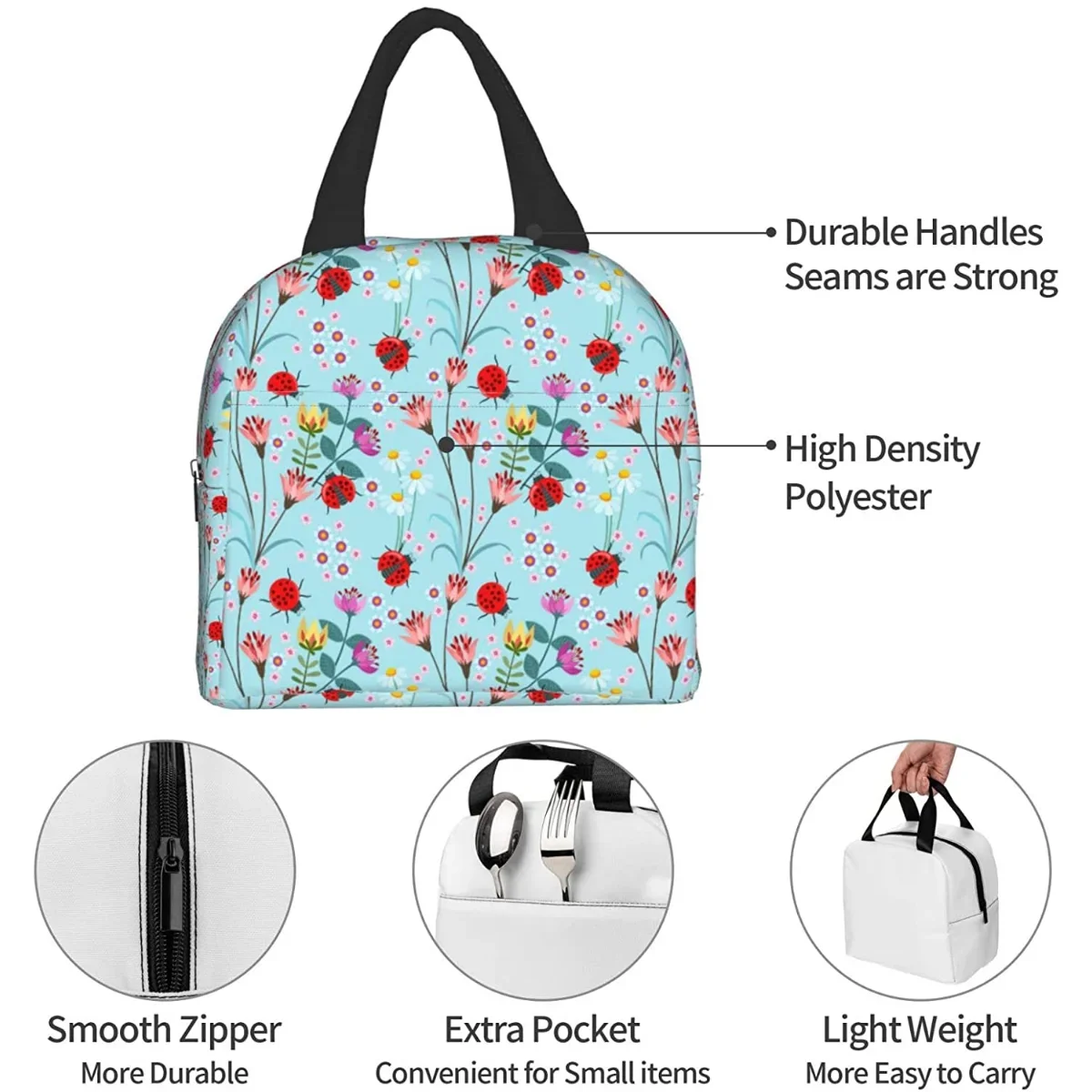 Lady bug with flower Lunch Box Bento Box Insulated Lunch Boxes Reusable Waterproof Lunch Bag With Front Pocket For Office Picnic