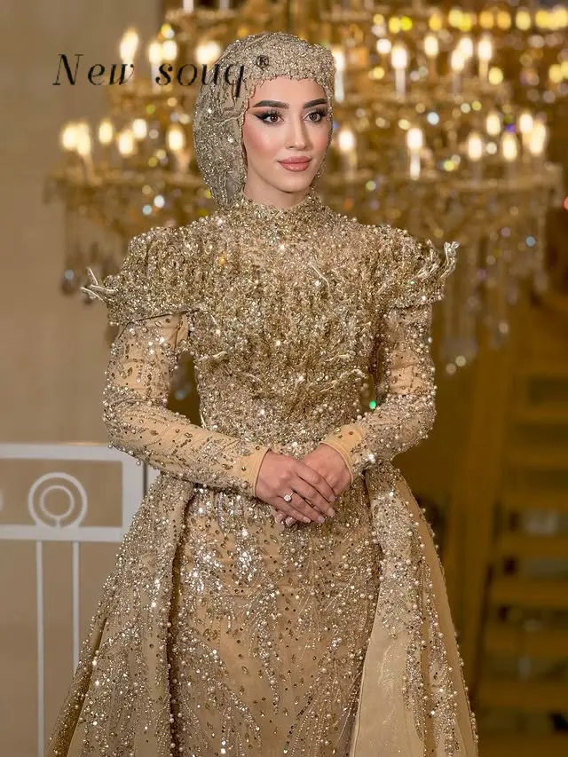 

Gold Two Pieces Muslim Long Sleeves Wedding Evening Dresses 2026 Customized Heavy Pearls Beaded Prom Night Engagement Party Gown