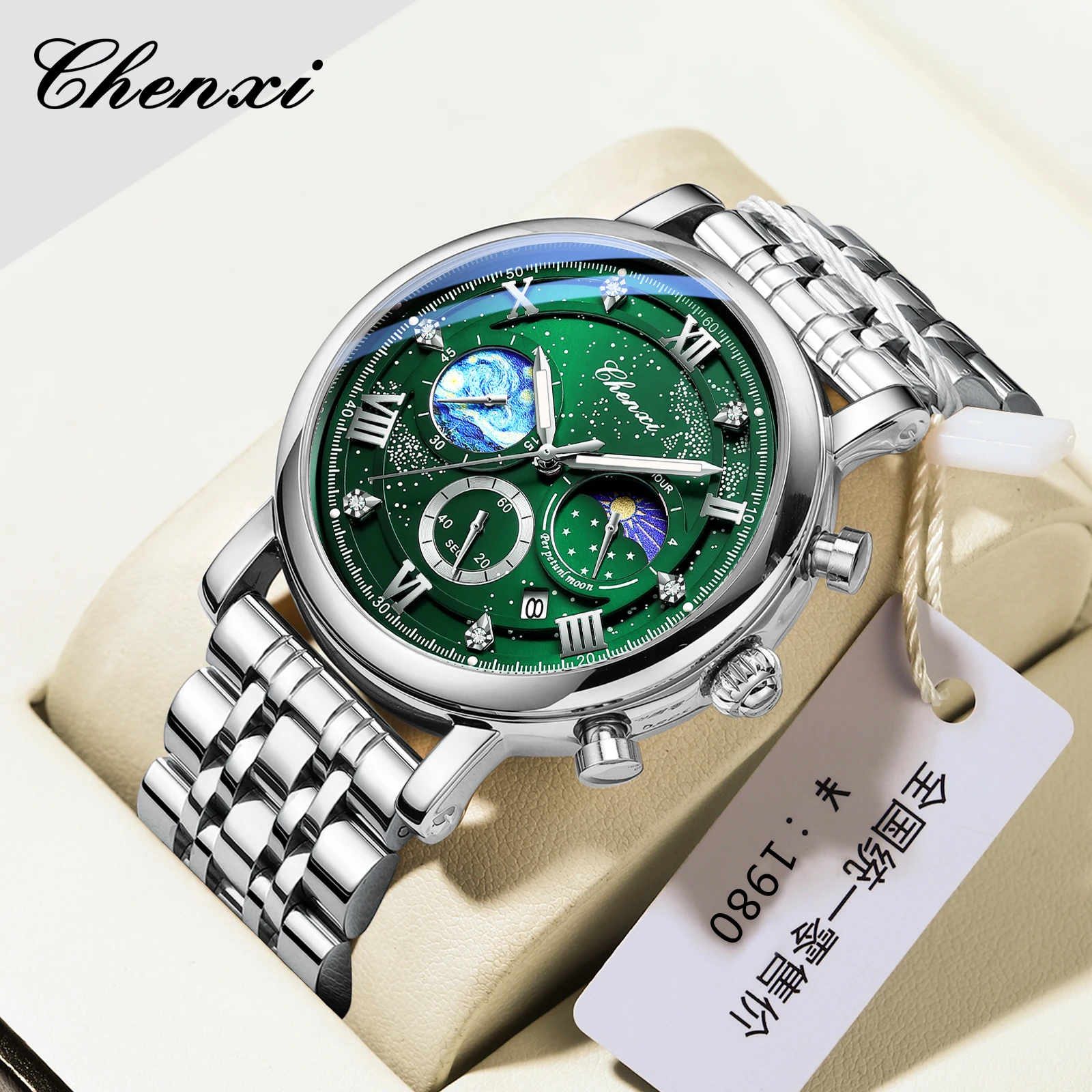Chenxi 972S marca de lujo reloj de cuarzo de acero para hombre fase lunar deporte relojes de pulsera impermeables cronógrafo reloj Masculino