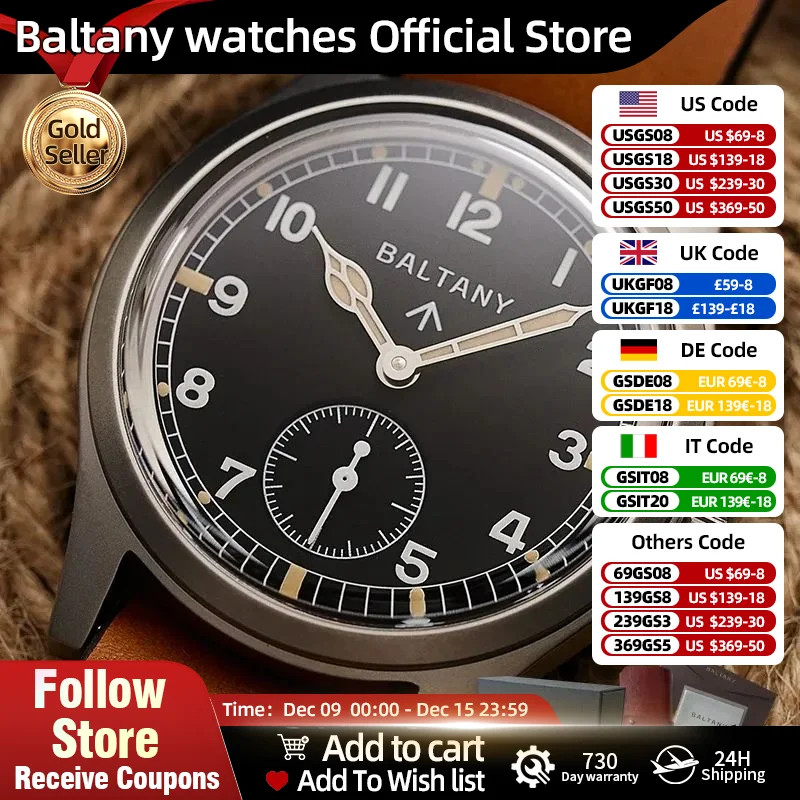 BALTANY-Montre existent Rétro pour Homme, Bracelet en Tissu S2025, St1701, Classique, Seconde Main, Shoous, 36mm, Mécanique, Vintage