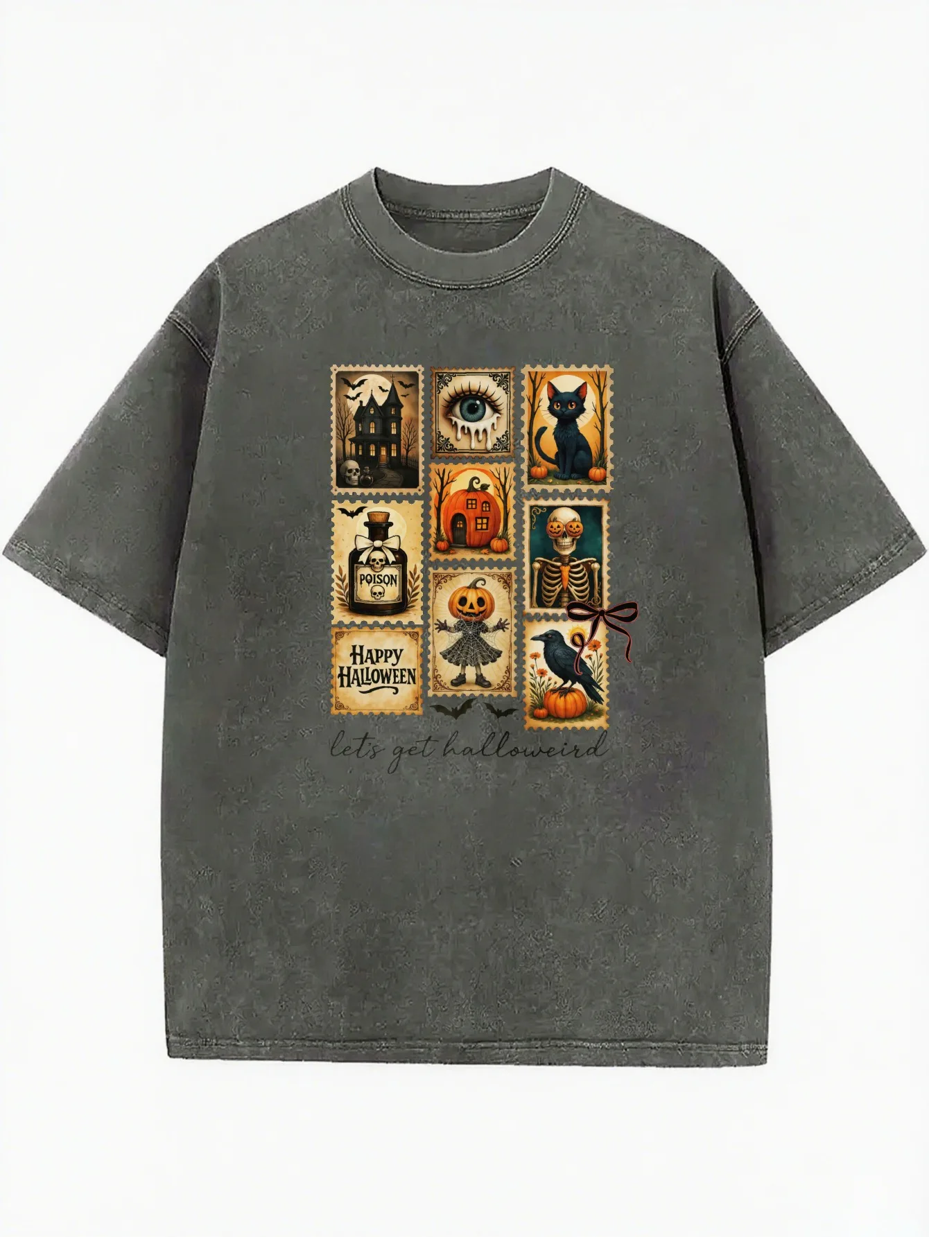 تي شيرت Let's Get Halloweird فضفاض مناسب برقبة دائرية ومغسول مريح ومطبوع للهالوين جاهز للارتداء طوال العام