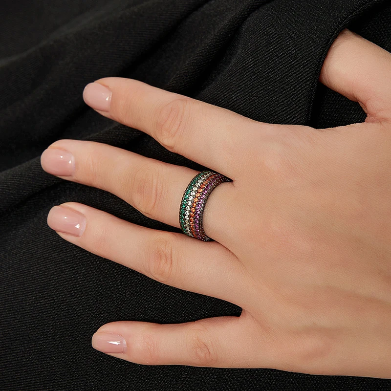 LUOTEEMI Multicolor Rainbow CZ Wide Rings Band Luxury Gun Black Colorful CZ Party Finger Ring Gothic Aesthetic Bague Femme Girls