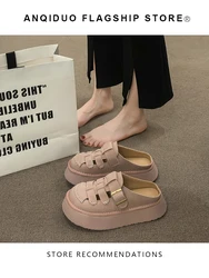 Loafers Shoes Ladies' Slippers Low Slipers Women Platform Cover Toe 2025 PU Hoof Heels Rome Rubber Fabric Slides Shoes Cover Toe