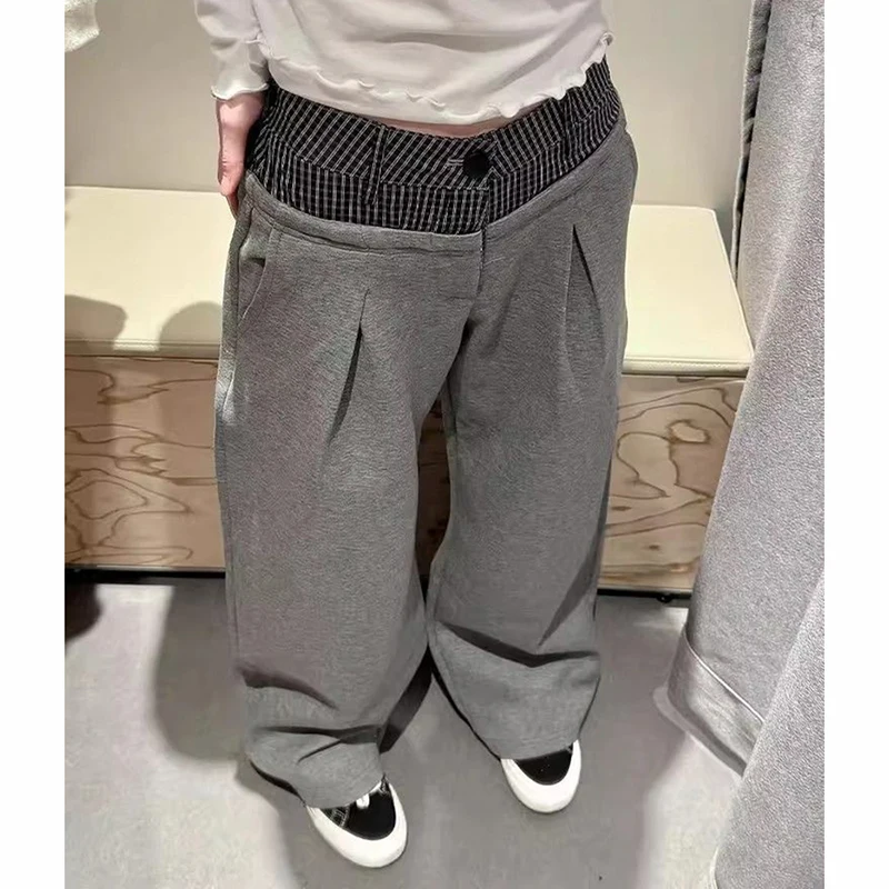 Lazy Wind Wide Leg Pants American Plaid Patchwork Double Waistband Straight Trouser Autumn Fashion Casual Loose Sweatpants New