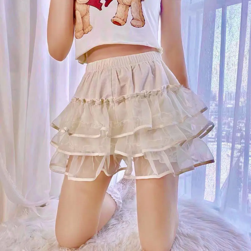 

Summer Sweet Lolita Style Tiered Shorts Girls Cute Bow Lace Mesh Fluffy Petticoats Short Pants Women Gothic Ruffles Y2k Bloomers