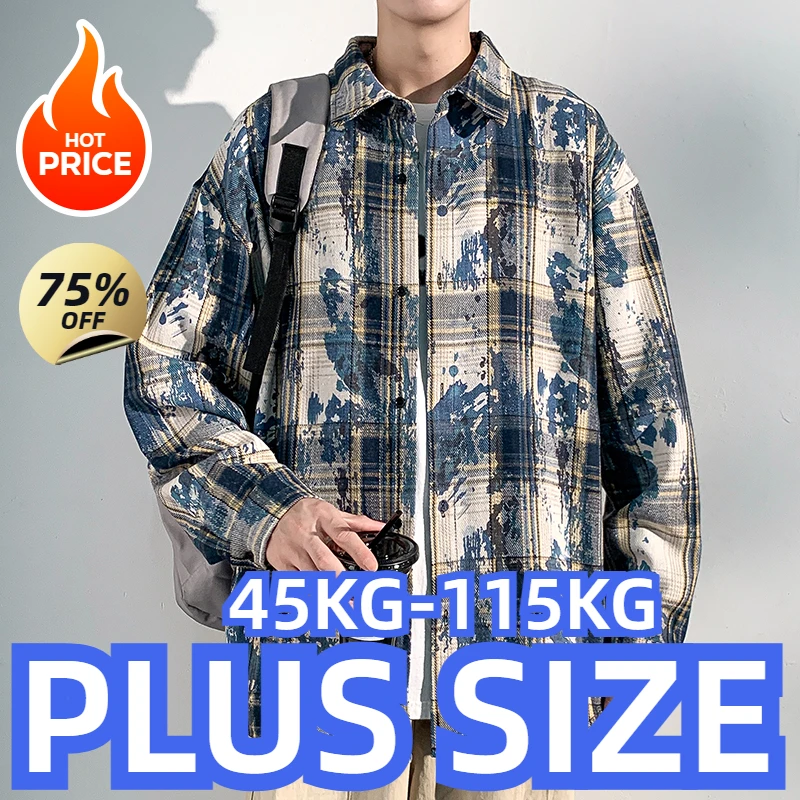 

plus size Fashion Men Shirts Painting Plaid Casual Long Sleeve Menwear Turn-down Collar Long Sleeve Male Tops Niche Design