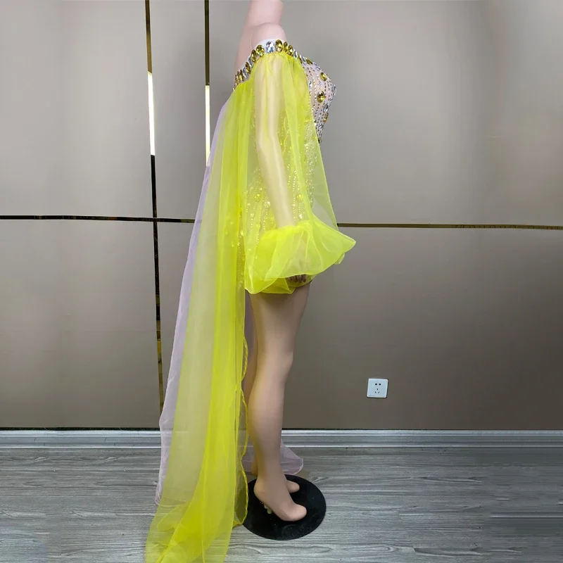 Vestido rosa amarillo con diamantes de imitación para mujer, vestidos de fiesta para celebrar, traje de Festival, disfraz de pasarela