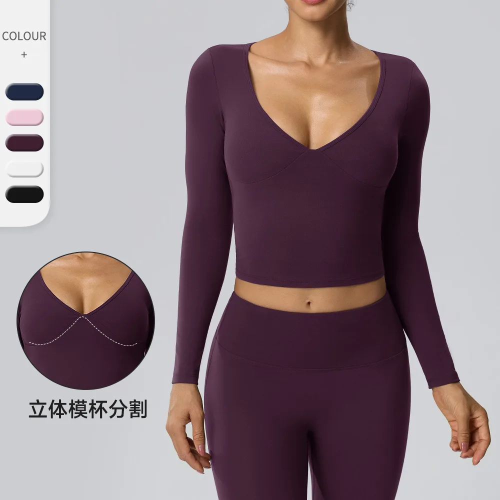 Women's yoga sexy V-neck yoga long sleeved nude quick drying  chest cushion sportswear fitness training Pilates top wire-free