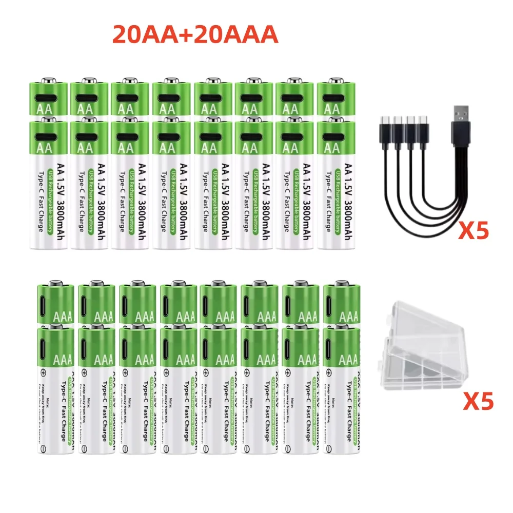 Typ-C-Schnellladung, 1,5 V, 3000/3800 mAh, AA, AAA, wiederaufladbare Li-Ionen-Batterien für Fernbedienung, Maus, Spielzeug, Game-Controller