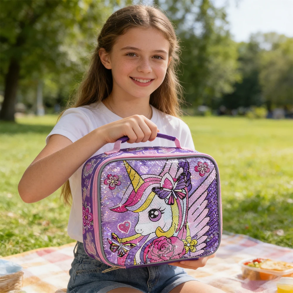 BLING BABIES Children\'s tote, lunch bag, double sided unicorn sequin design, pink and purple, suitable for carrying food