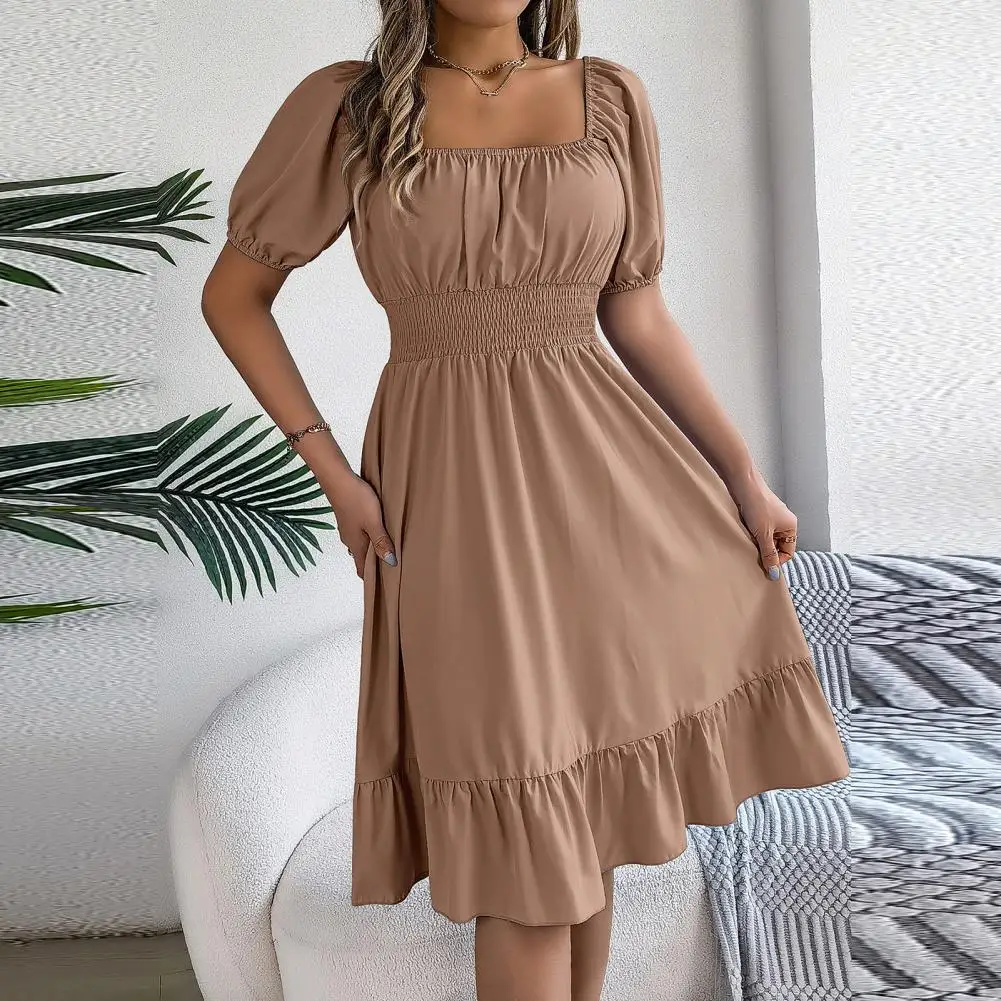 

Ol Commuting Dress Elegant Square Neck Midi Dress for Women A-line Silhouette with Ruffle Patchwork Detailing for Summer Dating